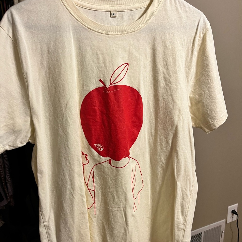 Cream T-Shirt with Red Apple Graphic